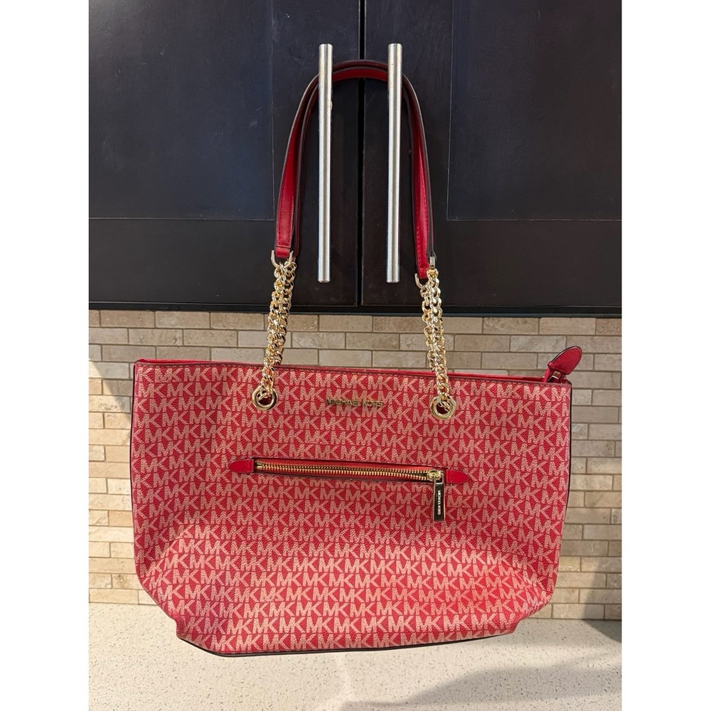 Michael Kors Jet Set Travel Tote red MK Signature Logo Chain Strap Shoulder Bag